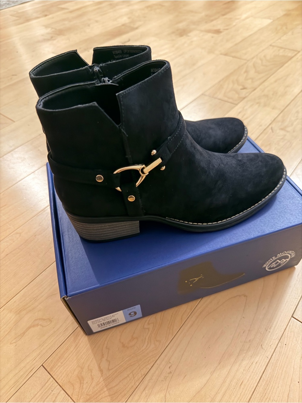 White Mountain Womens Size 9 Black Faux Suede Ankle Boots Gold Buckle Zip NIB